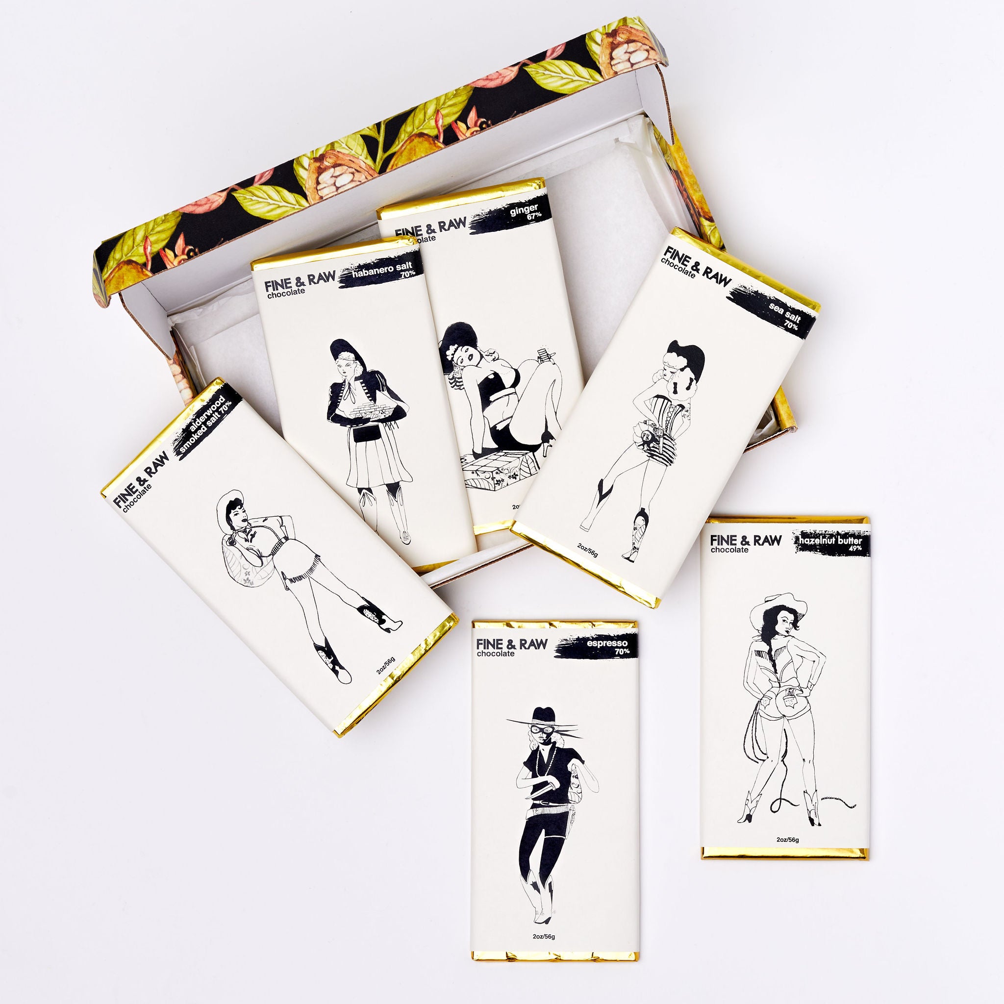 Six 1oz Brooklyn Bonnie chocolate bars—Sea Salt, Hazelnut, Ginger, Smoked, Habanero, Espresso—shown unwrapped with illustrated packaging.