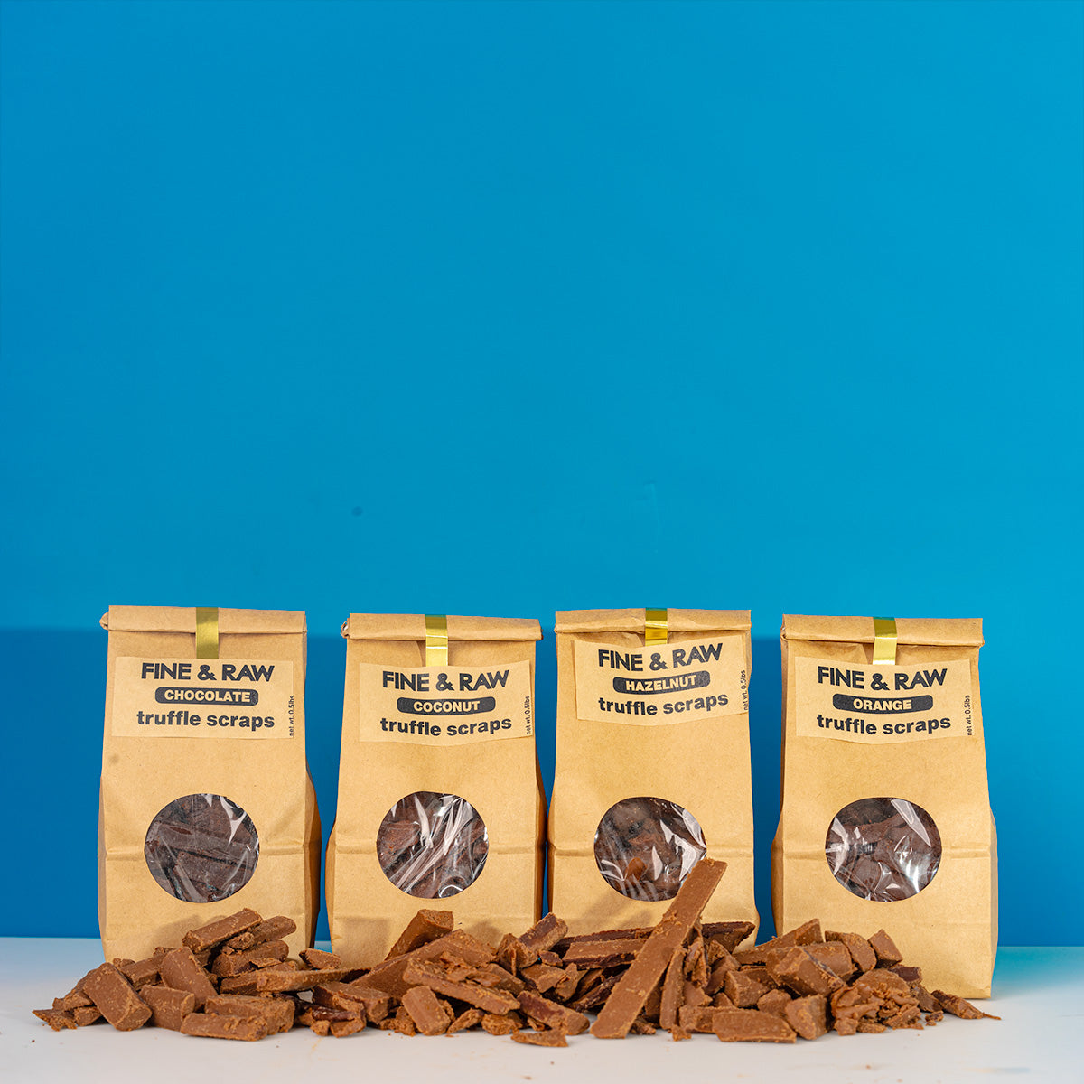 Truffle + organic bean to bar chocolate Scraps SALE by FINE & RAW organic bean to bar chocolate, styled product photo