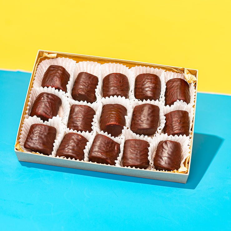 Chocolate covered marshmallows in a box