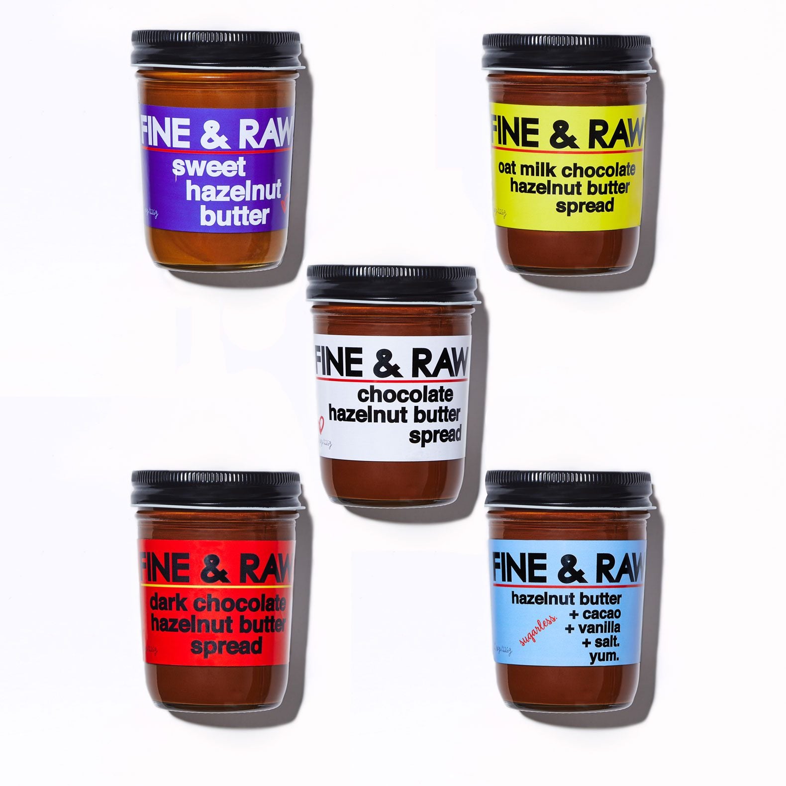 Five Spreads: Sweet Hazelnut Butter, Oat Milk Chocolate Hazelnut Butter, Chocolate Hazelnut Butter, Dark Chocolate Hazelnut Butter, and Sugarless Hazelnut Butter