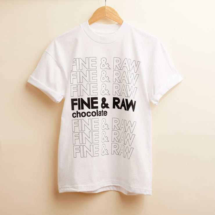 hanging t-shirt with black and white FINE & RAW print 