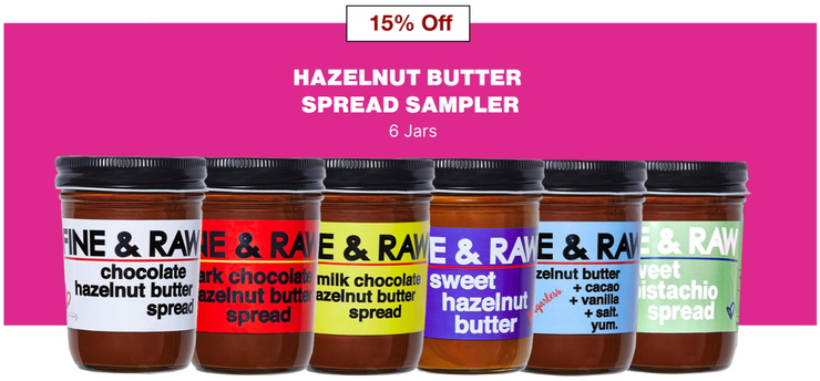 Sampler pack of Rave & Raw hazelnut butter spread jars with a pink background and 15% off text.