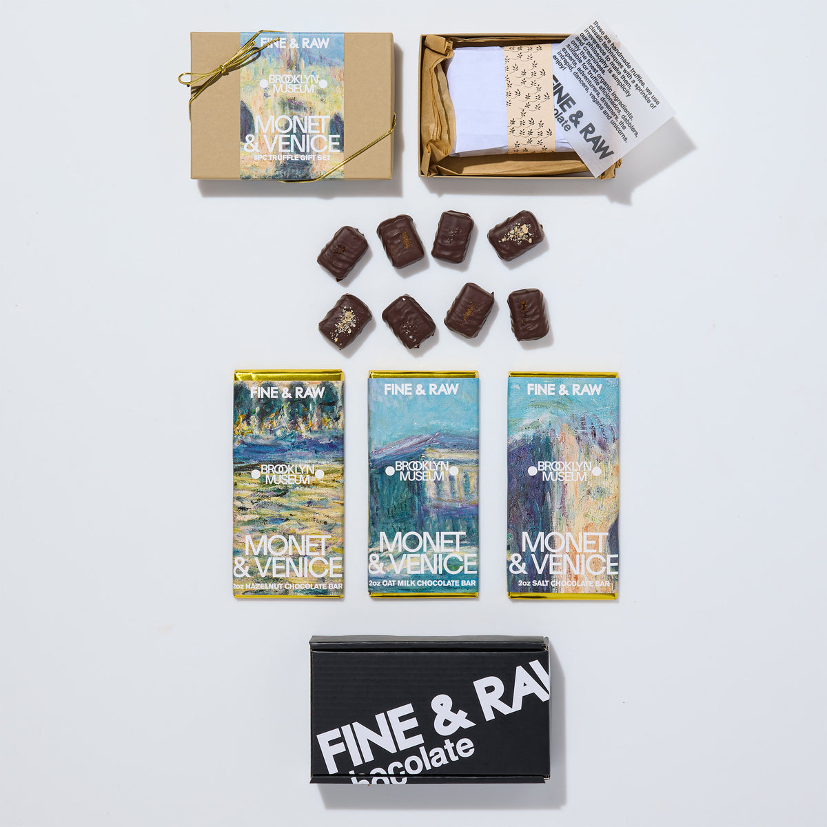 Chocolate bars and packaging with 'Fine & Raw' branding on a white background