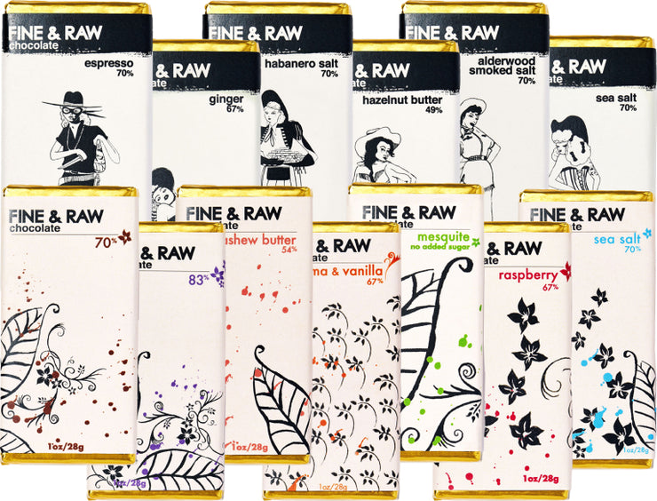 Assorted packages of Fine & Raw chocolate bars with various flavors and designs.