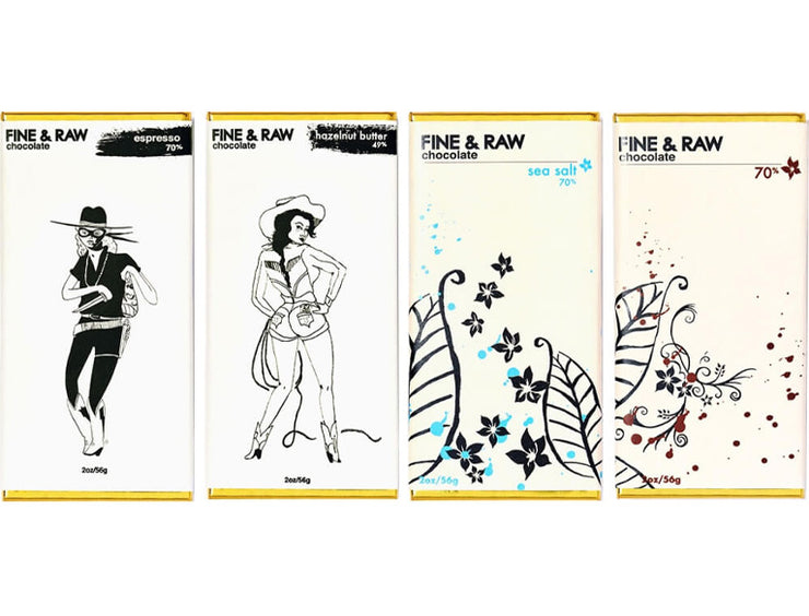 Four packages of 'Fine & Raw' chocolate with different designs on a white background