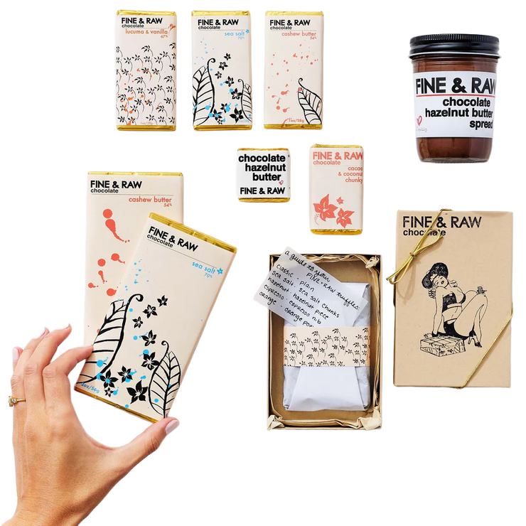 Collection of Fine & Raw products including packaging and a jar on a white background