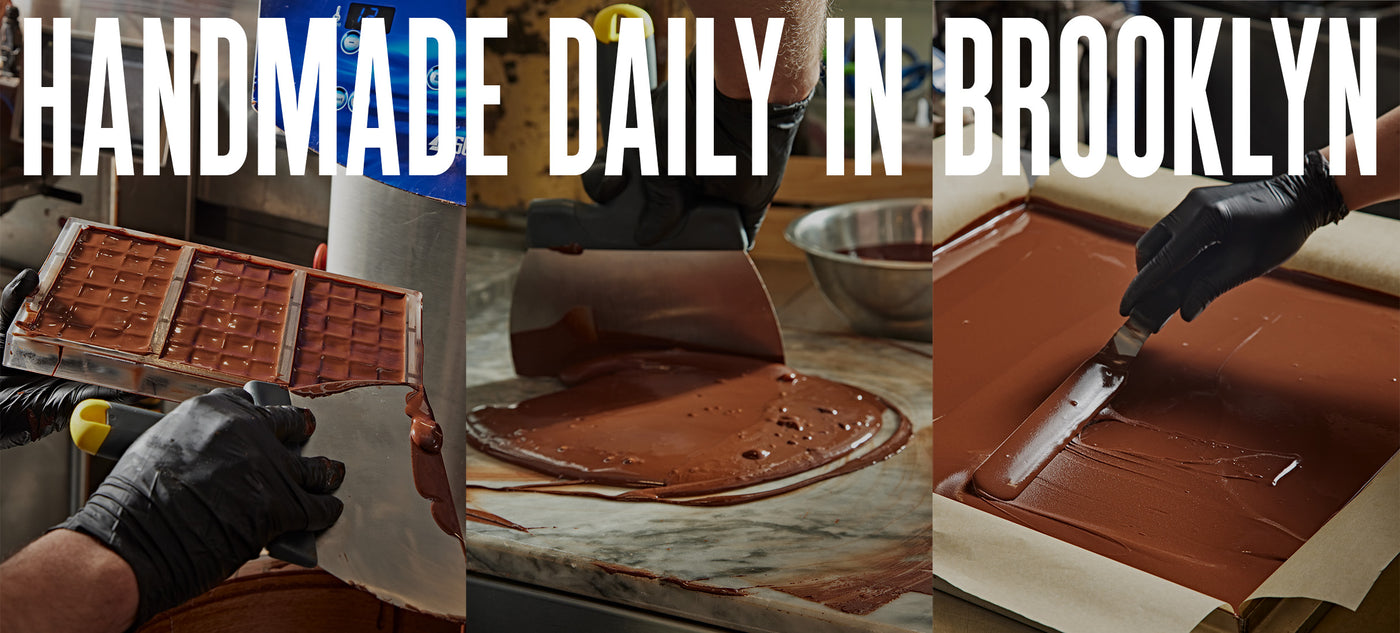 Handmade daily in Brooklyn, A collage showing the process of making chocolate bars, spreading, and molding chocolate.