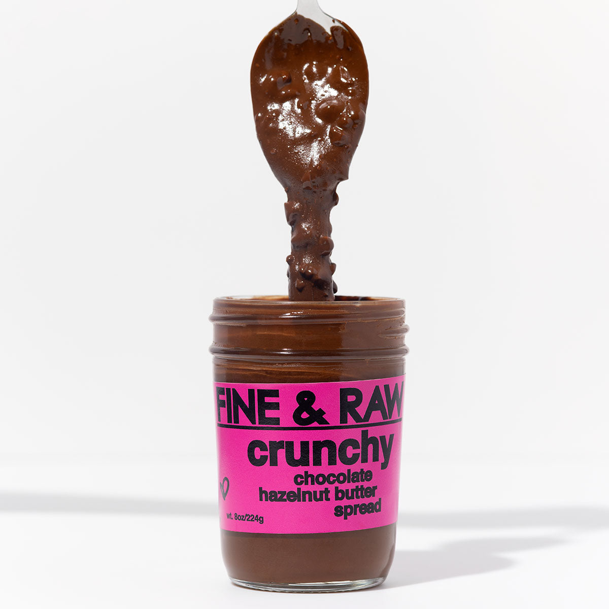 Jar of CRUNCHY organic bean to bar chocolate Hazelnut Butter Spread by FINE & RAW organic bean to bar chocolate