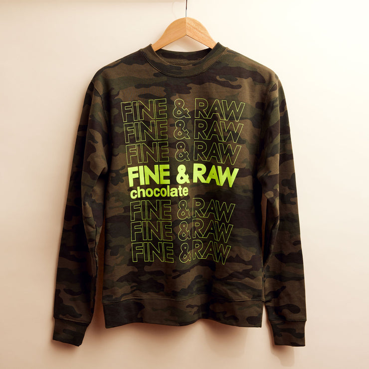 camo sweater with FINE & RAW logo