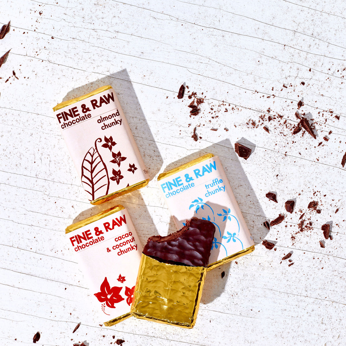Overhead shot of all the chunky bars: Almond, Truffle and Cacao & Coconut