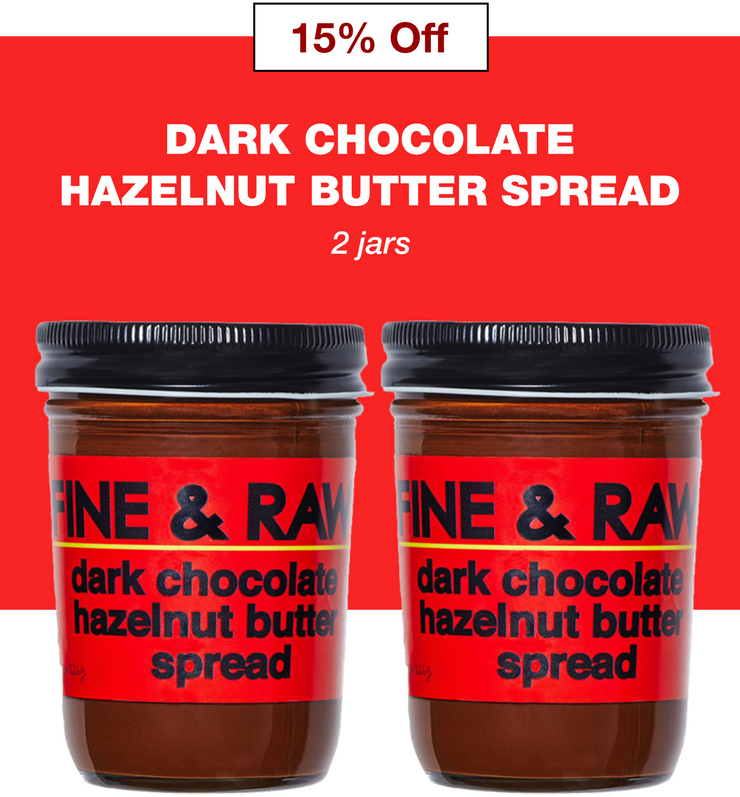 Two jars of Fine & Raw Dark Chocolate Hazelnut Butter Spread with a red and black label, indicating a discount of 15% off.