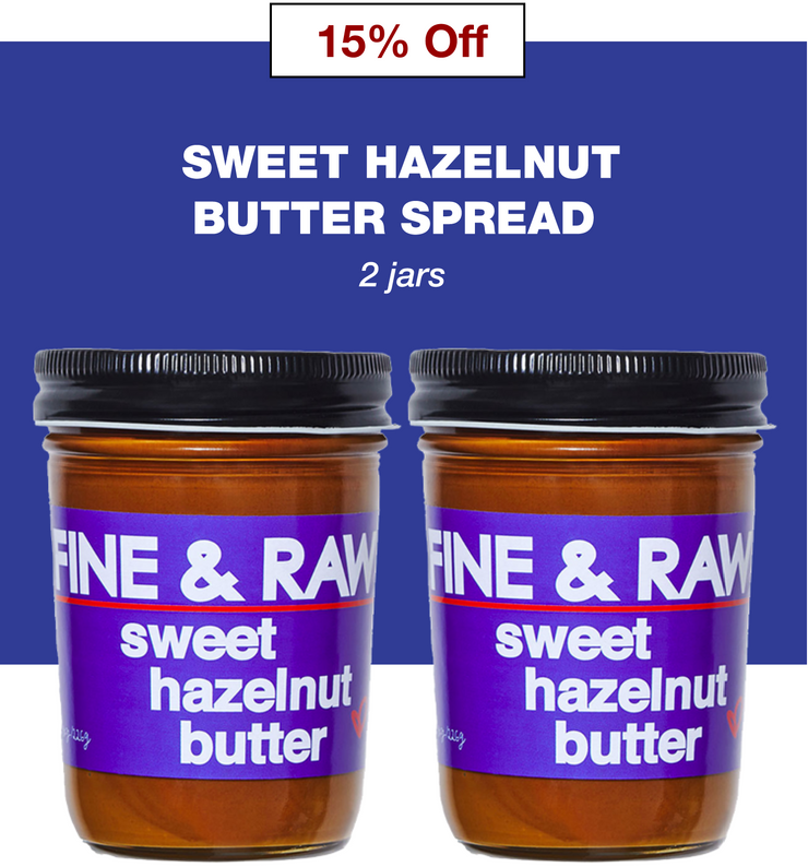 Two jars of Fine & Raw Sweet Hazelnut Butter Spread with a label showing the product name and a '15% off' badge.